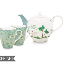 Pip Studio Geschenkset Teekanne mit zwei Tassen Jolie Flowers blau groß