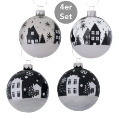 Weihnachtskugel Stadt 4er-Set schwarz-weiß