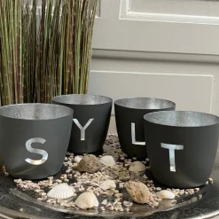Windlicht im exklusiven Sylt Design 4er-Set dunkelgrau-silberfarben mittel