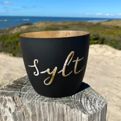 Windlicht im exklusiven Sylt Design Schriftzug Schwarz Mittel